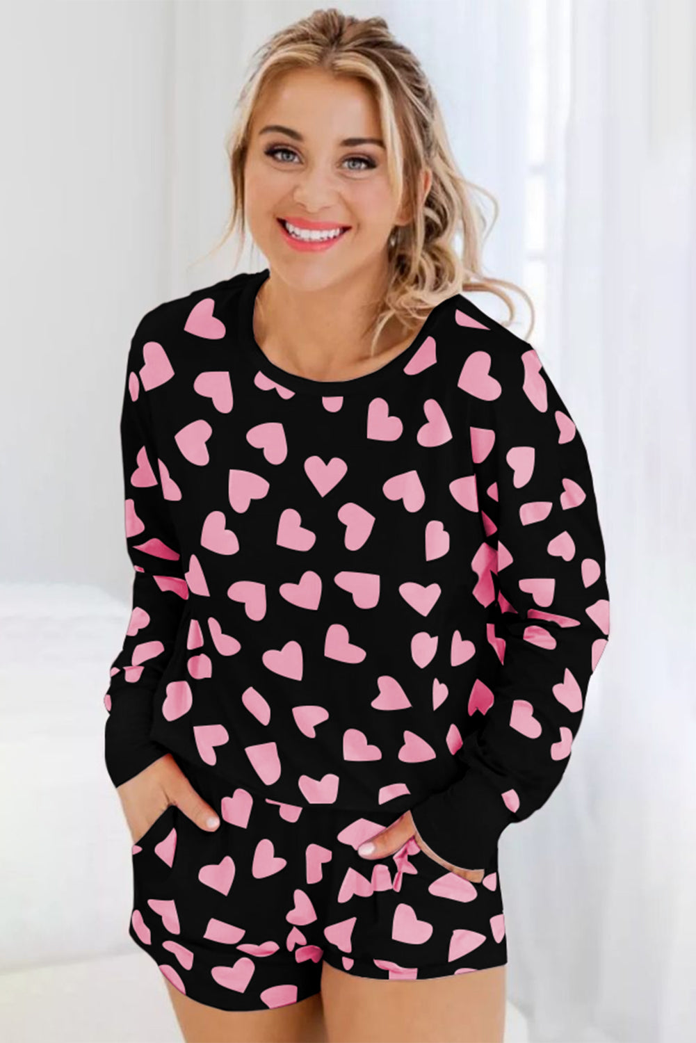 Black Valentine Heart Shape Print Long Sleeve Top Shorts Lounge Set - Little Miss Vanilla