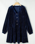 Plus Size Textured Velvet Decorative Button Long Sleeve Dress - Little Miss Vanilla