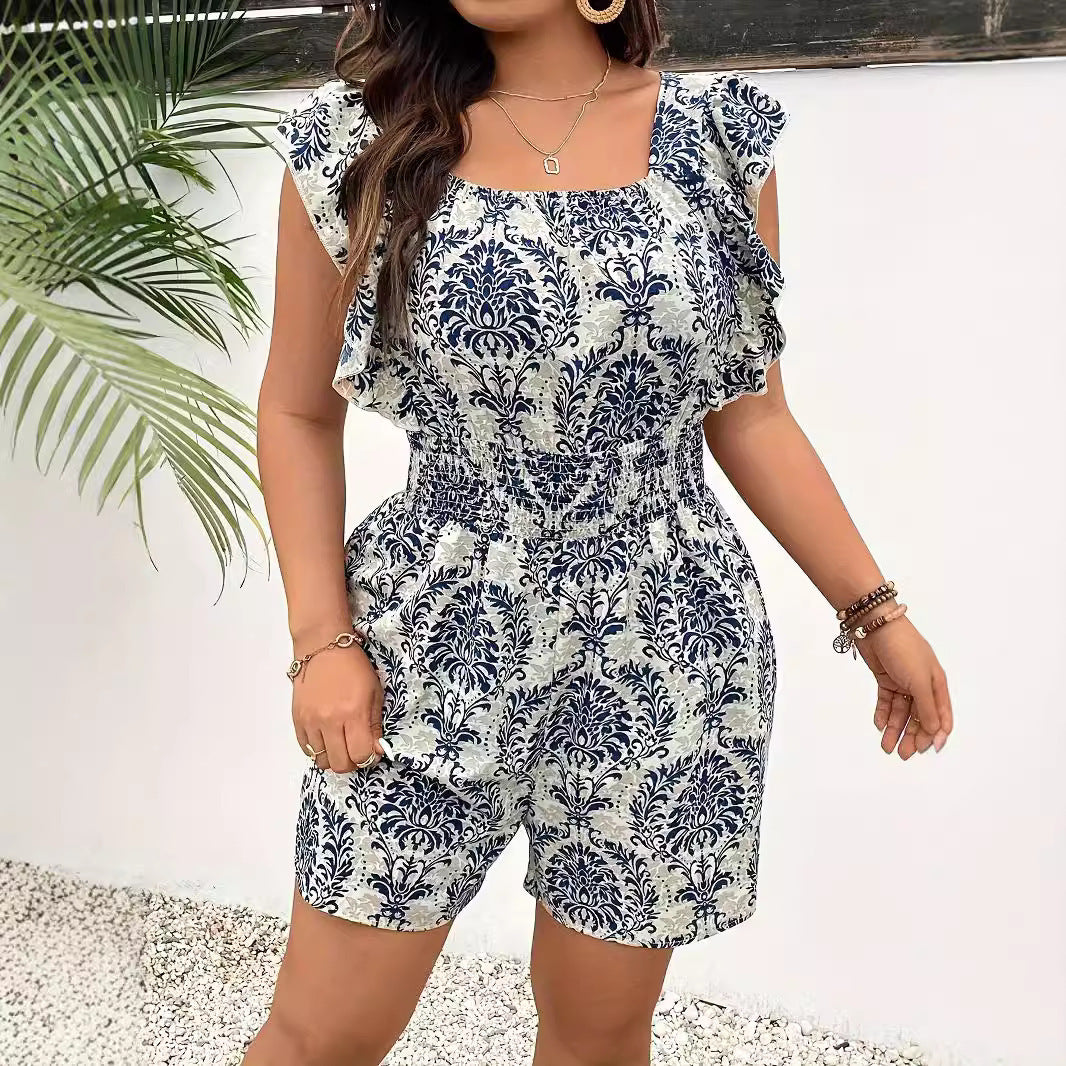 Plus Size Printed Sleeveless Smocking Fitted Waist Backless Vacation Style Jumpsuit - Little Miss Vanilla