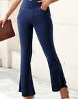 Dusk Blue Solid Crossed Waist High Elastic Fit Flare Knit Jeans