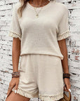 Beige Fringe Trim Textured Short Two Piece Set