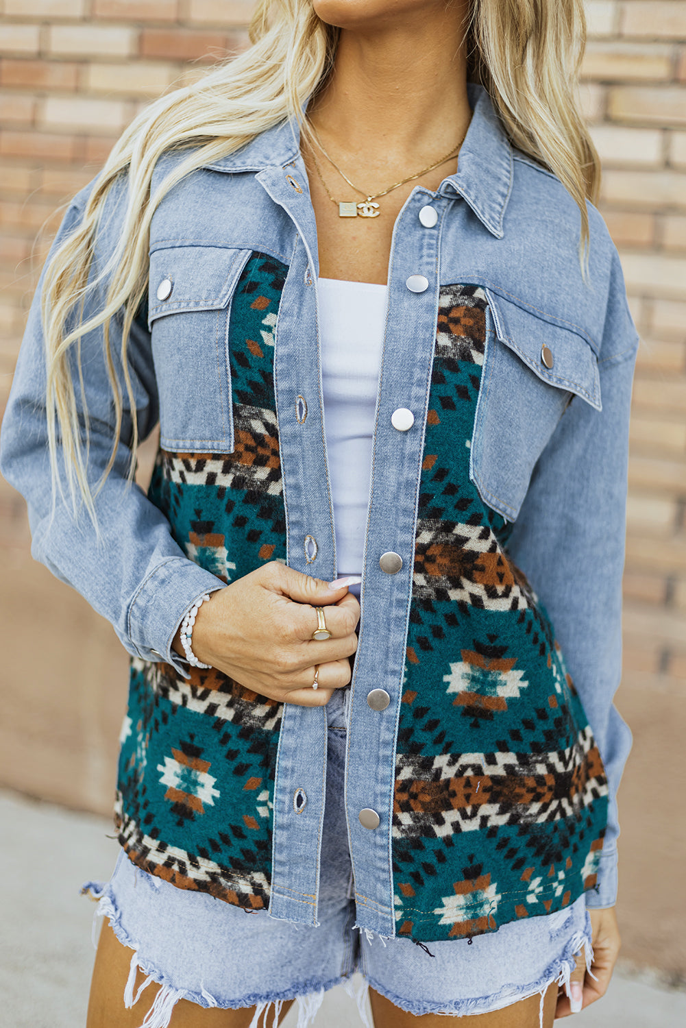 Blue Aztec Printed Denim Jacket - Little Miss Vanilla