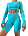 Long-sleeved Yoga Set Women Seamless Gym Tops Shorts