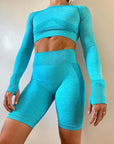 Long-sleeved Yoga Set Women Seamless Gym Tops Shorts