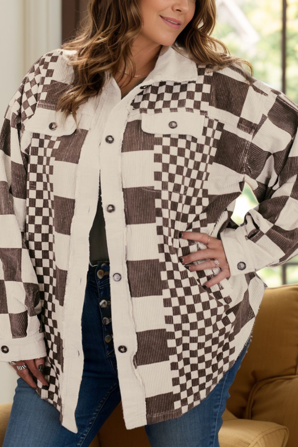 Plus Size Checkered Button Up Long Sleeve Jacket - Little Miss Vanilla