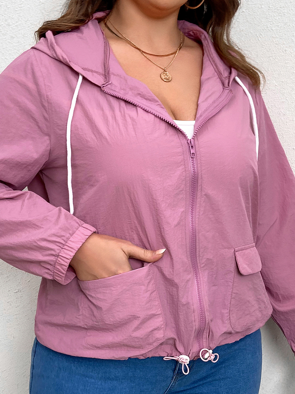 Plus Size Zip-Up Drawstring Hooded Jacket with Pockets - Little Miss Vanilla