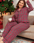 Plus Size Plaid Collared Neck Top and Pants Lounge Set - Little Miss Vanilla