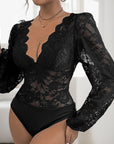 Tight Long Sleeve V-neck Lace Jumpsuit - Little Miss Vanilla