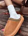 Chestnut Contrast Edge Suede Plush Lined Thick Sole Winter Slippers