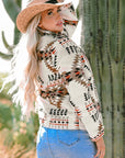 Beige Aztec Printed Stand Neck Zip Up Jacket - Little Miss Vanilla