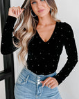 Pearl Detail Velvet V-Neck Long Sleeve Bodysuit - Little Miss Vanilla