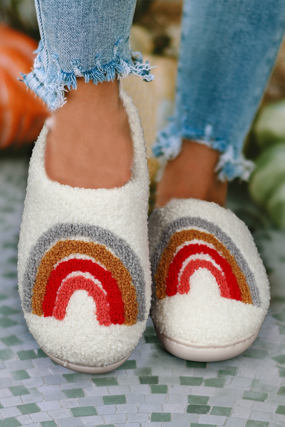 Bright White Rainbow Plush Winter Home Slippers - Little Miss Vanilla