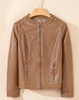 Chestnut Solid Faux Leather Zipper Slim Fit Bomber Jacket