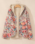 Beige Vintage Paisley Floral Printed Sherpa Lined Hooded Jacket