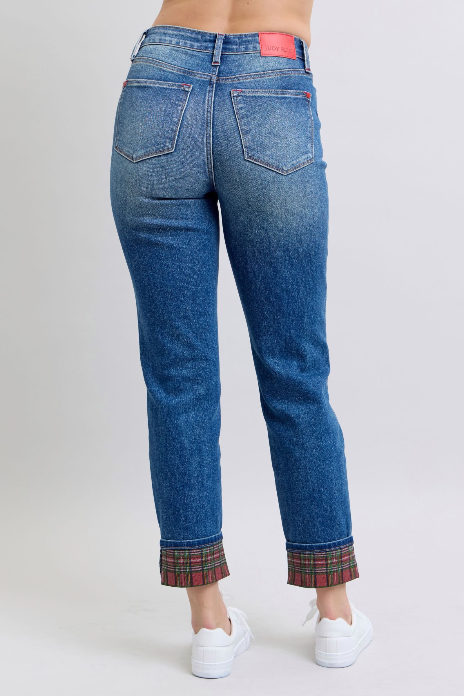 Judy Blue Full Size Plaid Print Cuff Straight Leg Jeans with Pockets - Little Miss Vanilla