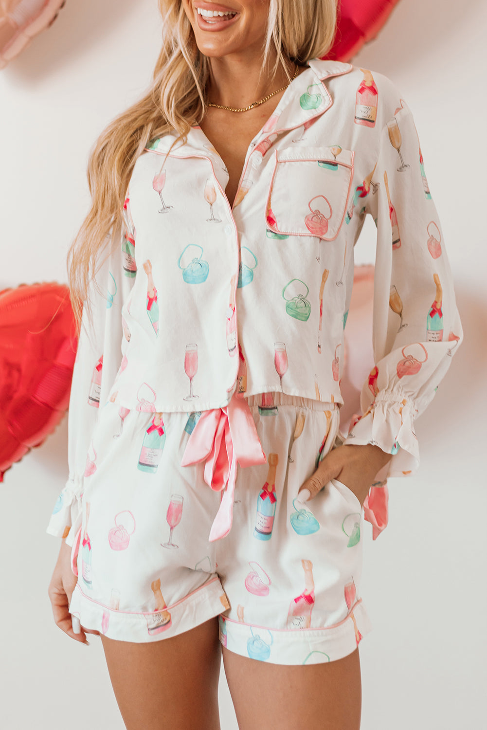 White Christmas Wine Glass Print Bow Knot Two Piece Pajama Set - Little Miss Vanilla