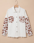 White Cow Spot Patchwork Flap Pocket Distressed Hem Long Denim Jacket