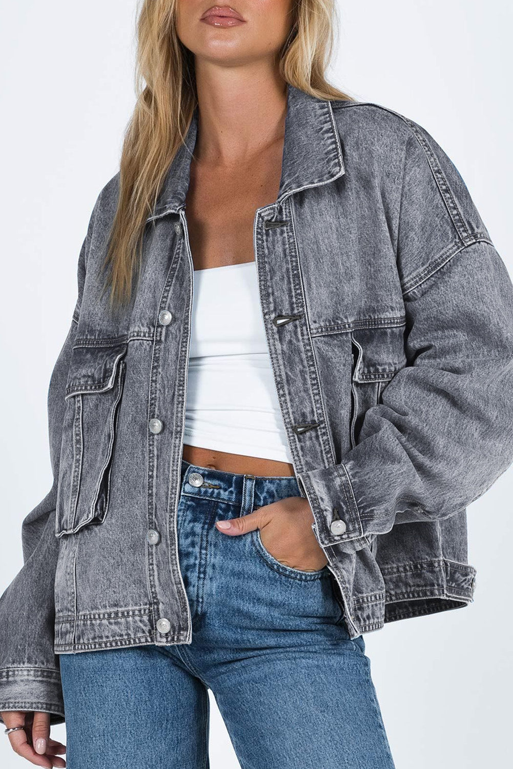 Gray Chest Pockets Drop Shoulder Loose Denim Jacket - Little Miss Vanilla