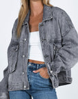 Gray Chest Pockets Drop Shoulder Loose Denim Jacket - Little Miss Vanilla