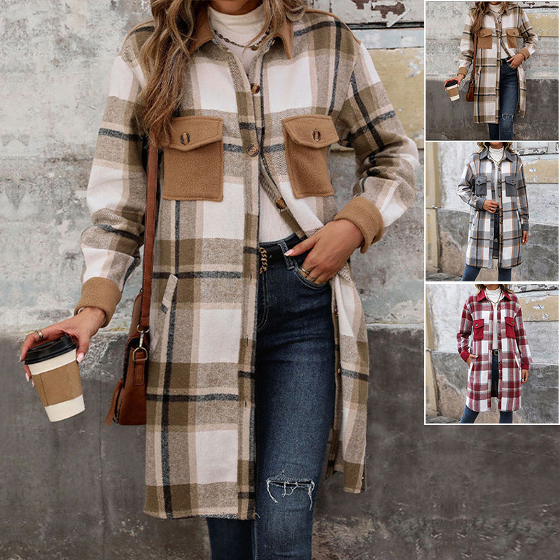 New Brushed Plaid Long Coat With Pockets Fashion Winter Jacket Outwear Women's Clothing - Little Miss Vanilla