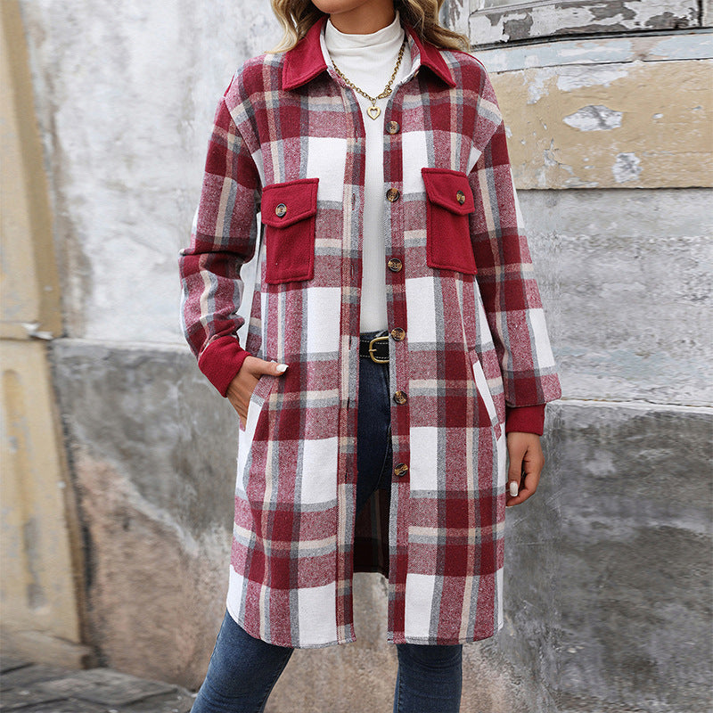 New Brushed Plaid Long Coat With Pockets Fashion Winter Jacket Outwear Women's Clothing - Little Miss Vanilla