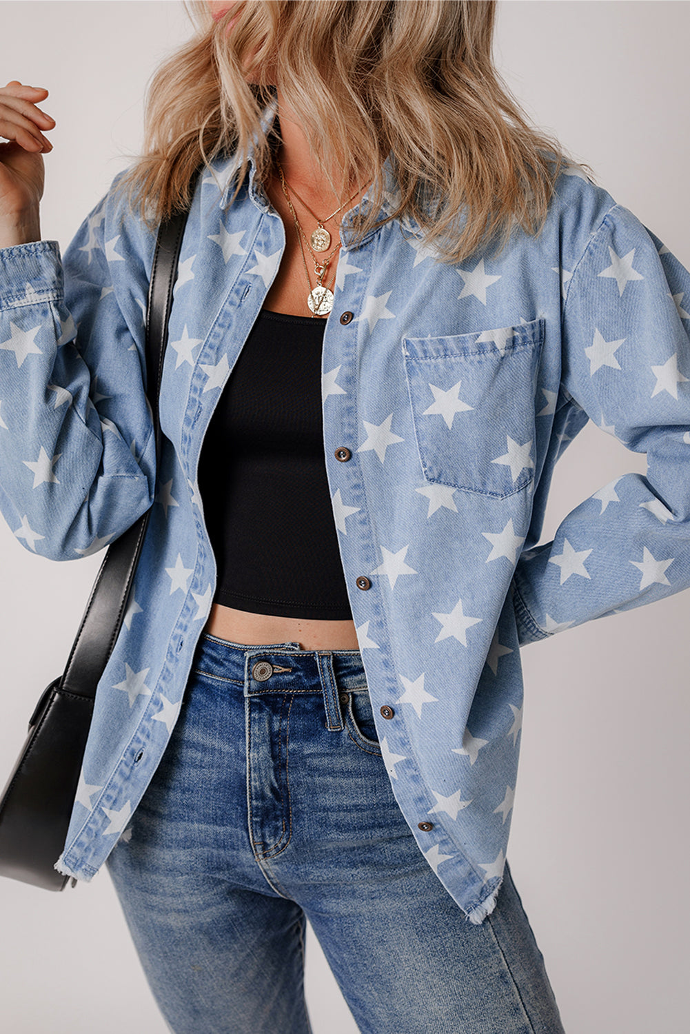 Sky Blue Star Print Light Wash Raw Hem Denim Jacket - Little Miss Vanilla