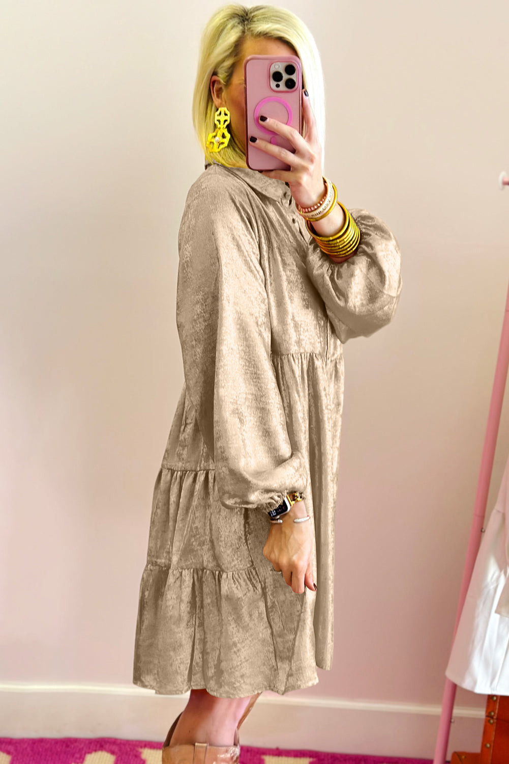 Apricot Metallic Sheen Puff Sleeve Button Up Mini Shirt Dress - Little Miss Vanilla