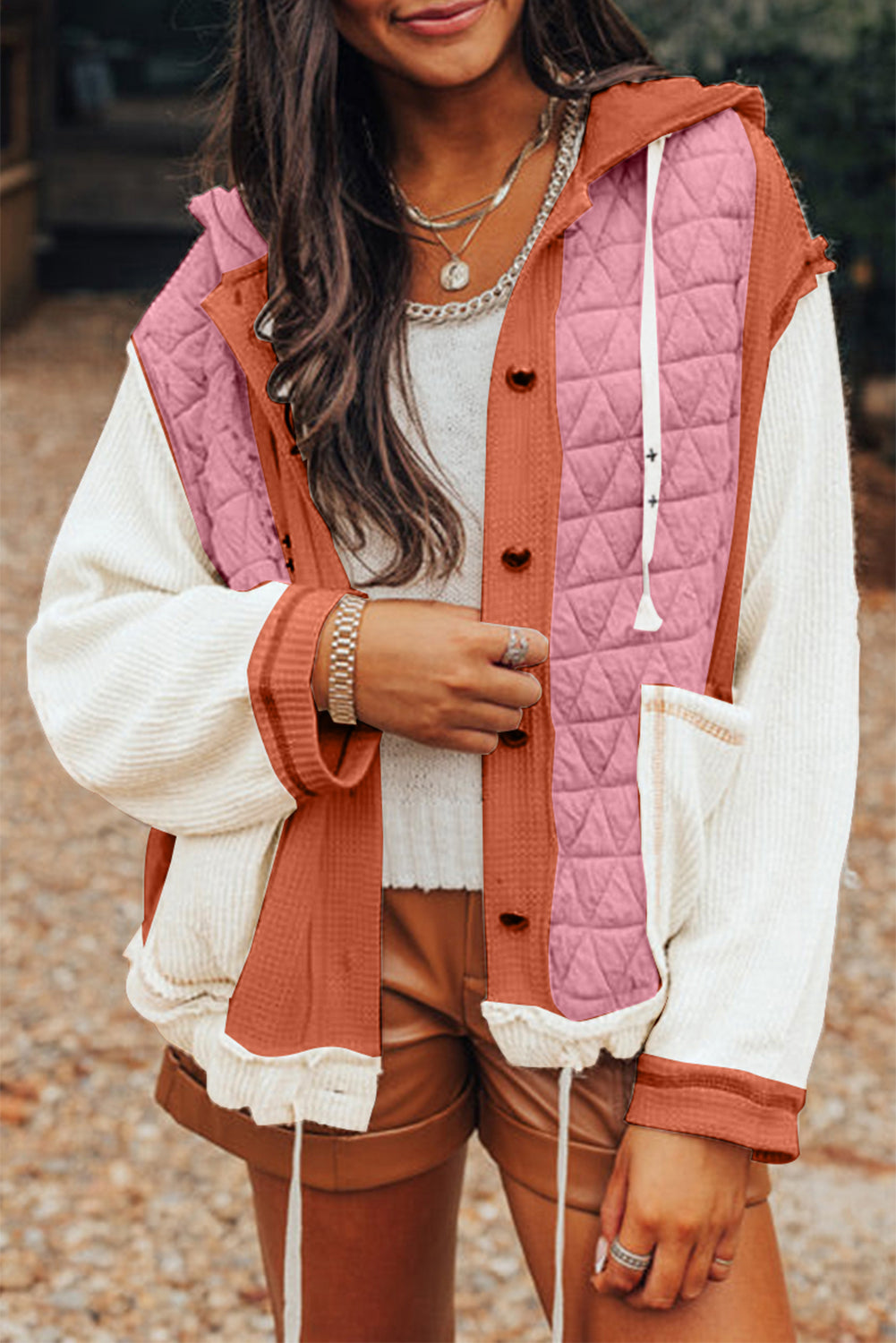 Coral Quilted Textured Patchwork Loose Fit Hooded Jacket - Little Miss Vanilla