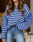 Plus Size Striped Round Neck Dropped Shoulder Sweater - Little Miss Vanilla