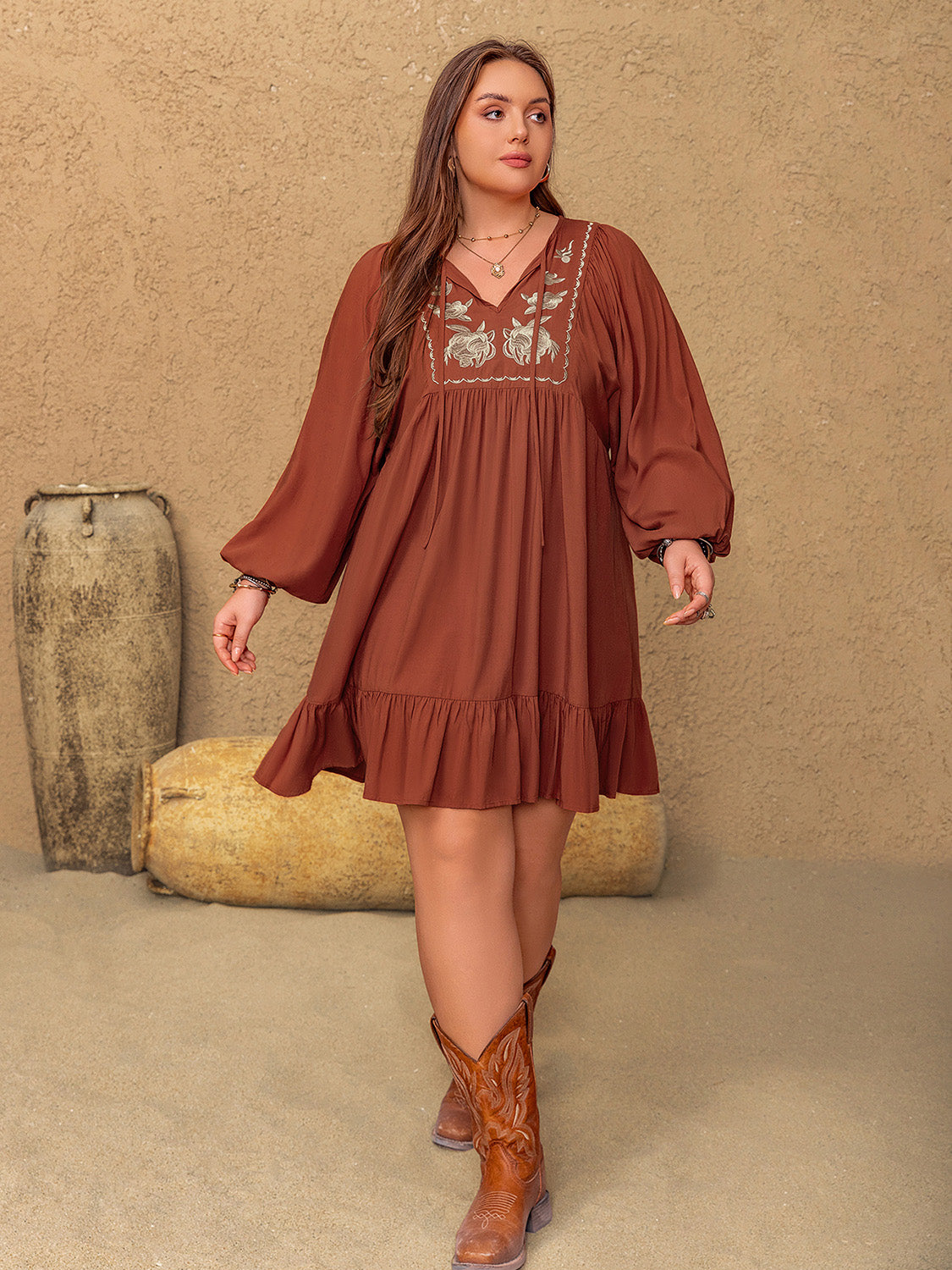 Plus Size Embroidered Tie Neck Balloon Sleeve Mini Dress - Little Miss Vanilla