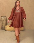 Plus Size Embroidered Tie Neck Balloon Sleeve Mini Dress - Little Miss Vanilla