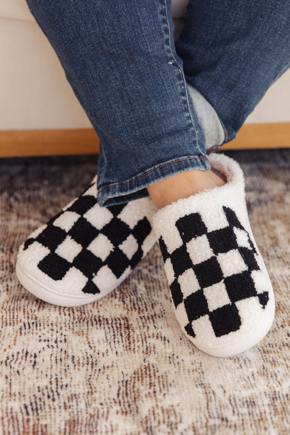 Black Checkered Print Fuzzy Slip On Winter Slippers - Little Miss Vanilla