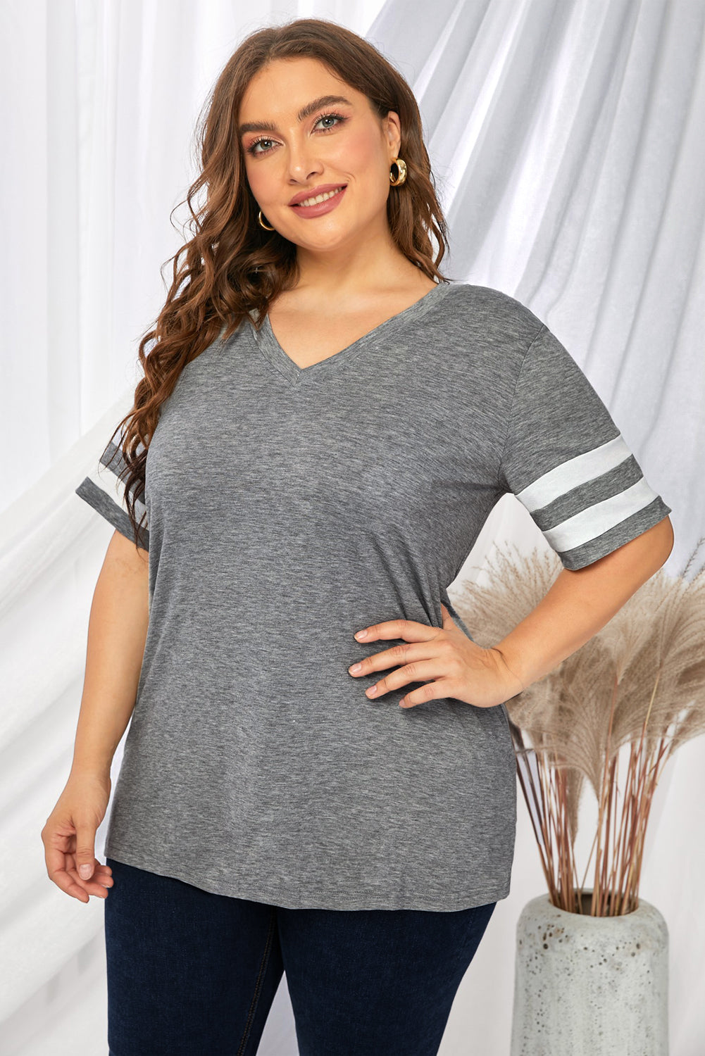 Plus Size Striped V-Neck Tee Shirt - Little Miss Vanilla