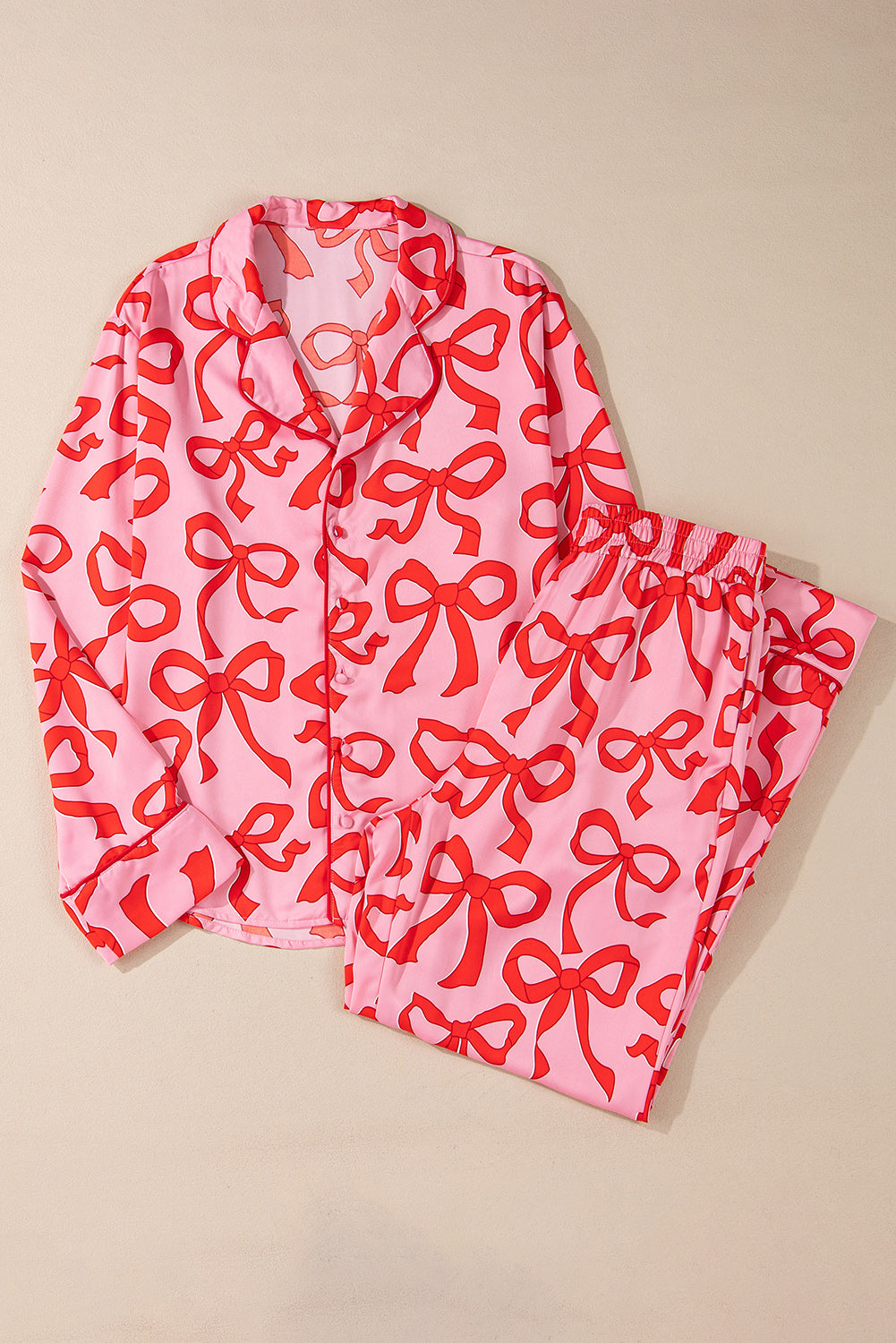 Pink 2pcs Bow Print Shirt Style Long Sleeve Pajama Set - Little Miss Vanilla