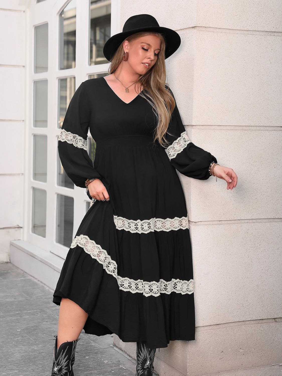 Plus Size Lace Detail V-Neck Long Sleeve Midi Dress - Little Miss Vanilla