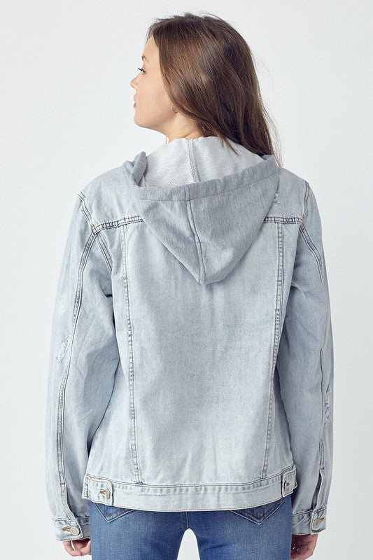 RISEN Full Size Distressed Drawstring Hooded Denim Jacket - Little Miss Vanilla