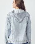 RISEN Full Size Distressed Drawstring Hooded Denim Jacket - Little Miss Vanilla