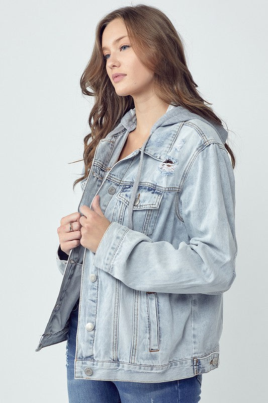 RISEN Full Size Distressed Drawstring Hooded Denim Jacket - Little Miss Vanilla