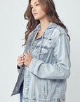 RISEN Full Size Distressed Drawstring Hooded Denim Jacket - Little Miss Vanilla