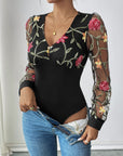 Perfee Embroidered V-Neck Long Sleeve Bodysuit - Little Miss Vanilla