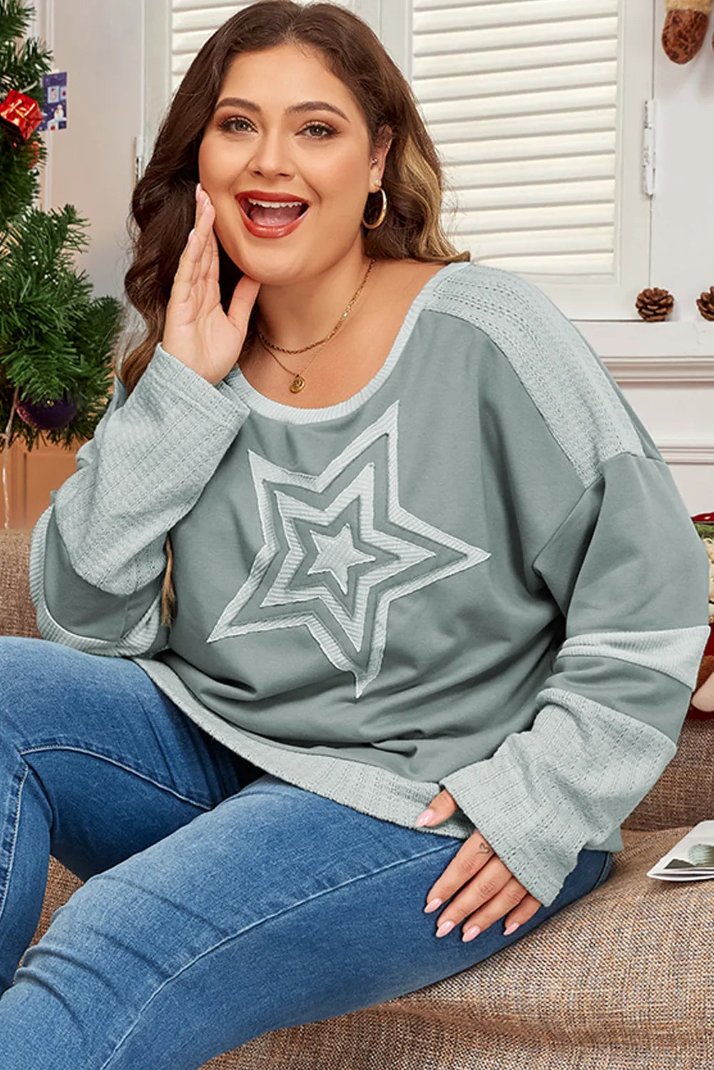 Plus Size Star Round Neck Long Sleeve Top - Little Miss Vanilla