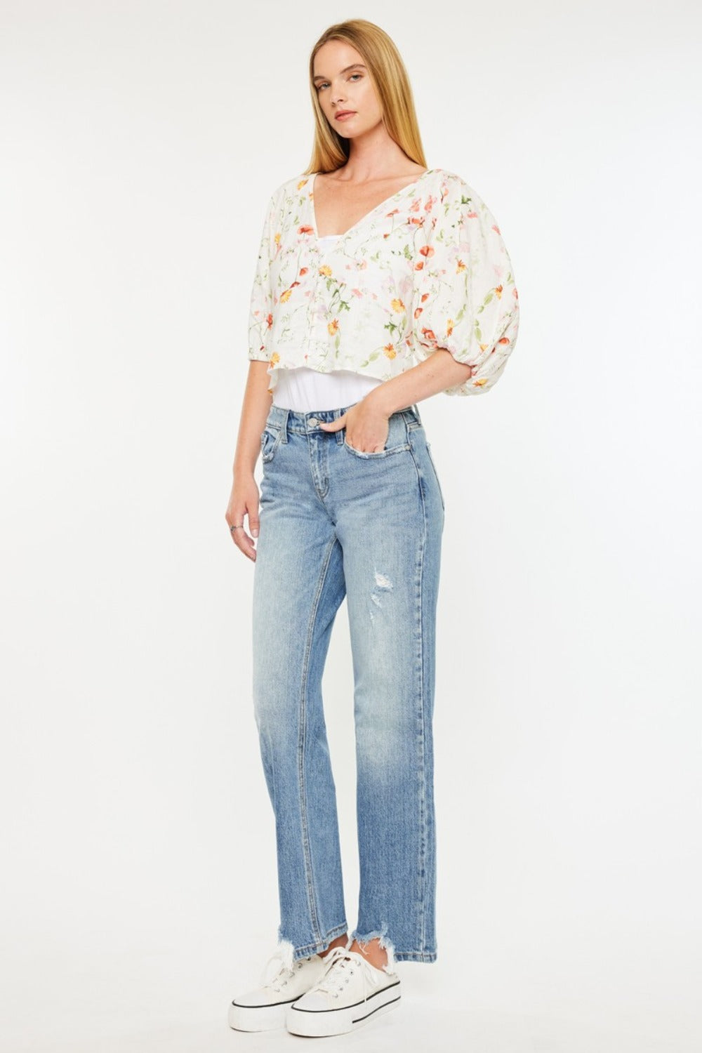 Kancan Mid Rise Frayed Hem Straight Jeans - Little Miss Vanilla