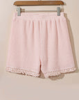 Pink Fringe Trim Textured Short Two Piece Set