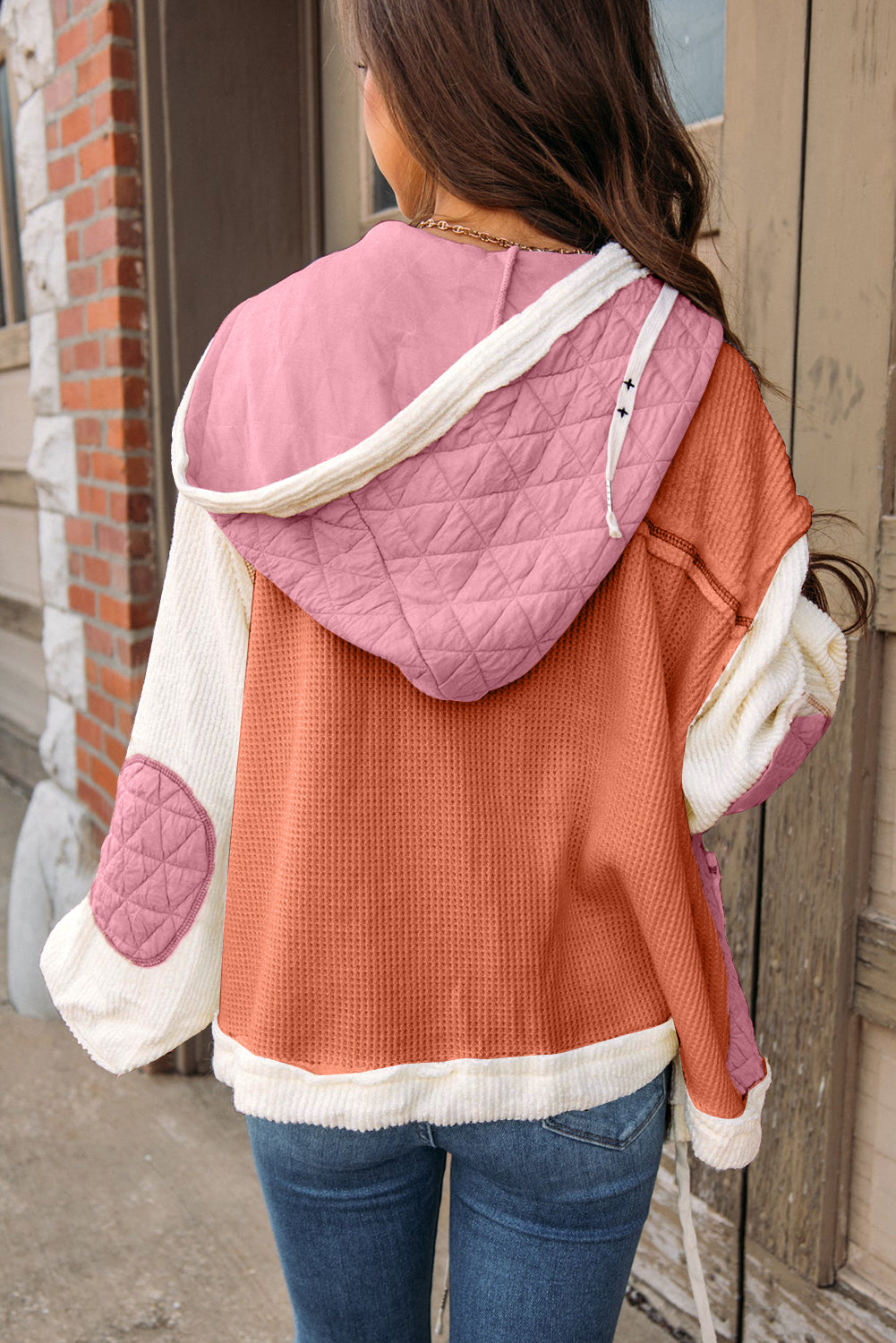 Coral Quilted Textured Patchwork Loose Fit Hooded Jacket - Little Miss Vanilla