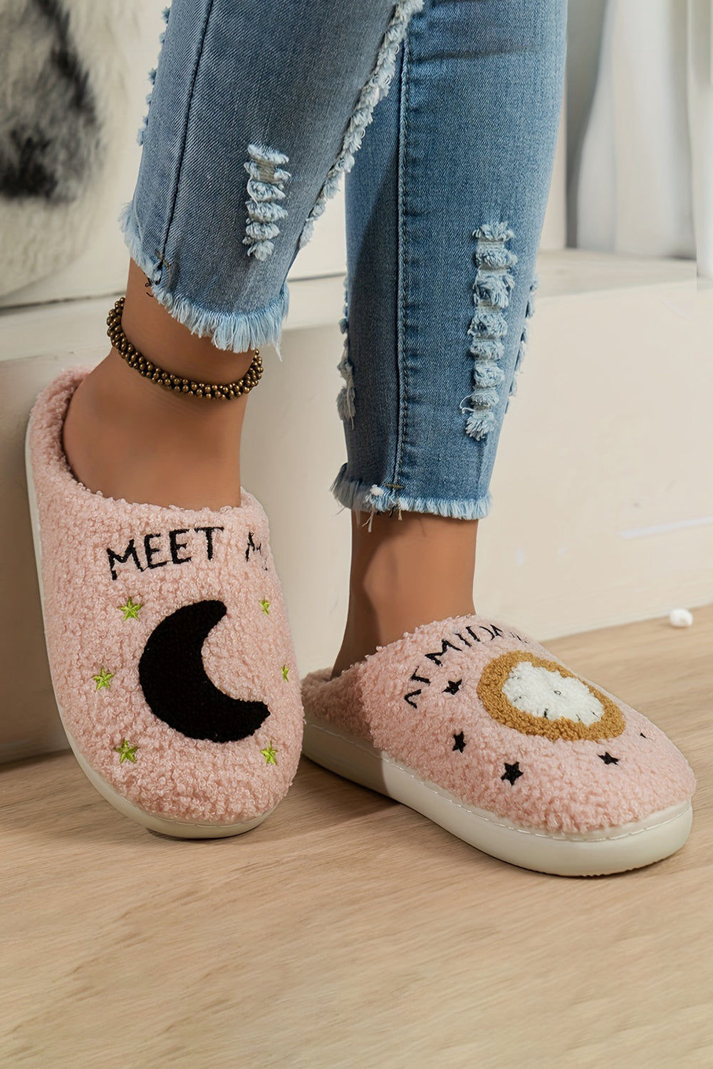 Light Pink Moon & Clock Pattern Fuzzy Home Slippers - Little Miss Vanilla