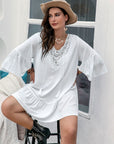 Plus Size Lace Detail Tie Neck Three-Quarter Sleeve Mini Dress - Little Miss Vanilla