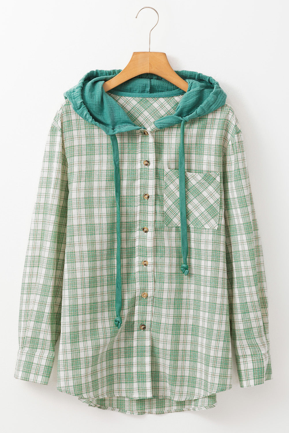 Green Checkered Print Loose Fit Buttoned Hooded Shacket - Little Miss Vanilla