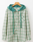 Green Checkered Print Loose Fit Buttoned Hooded Shacket - Little Miss Vanilla