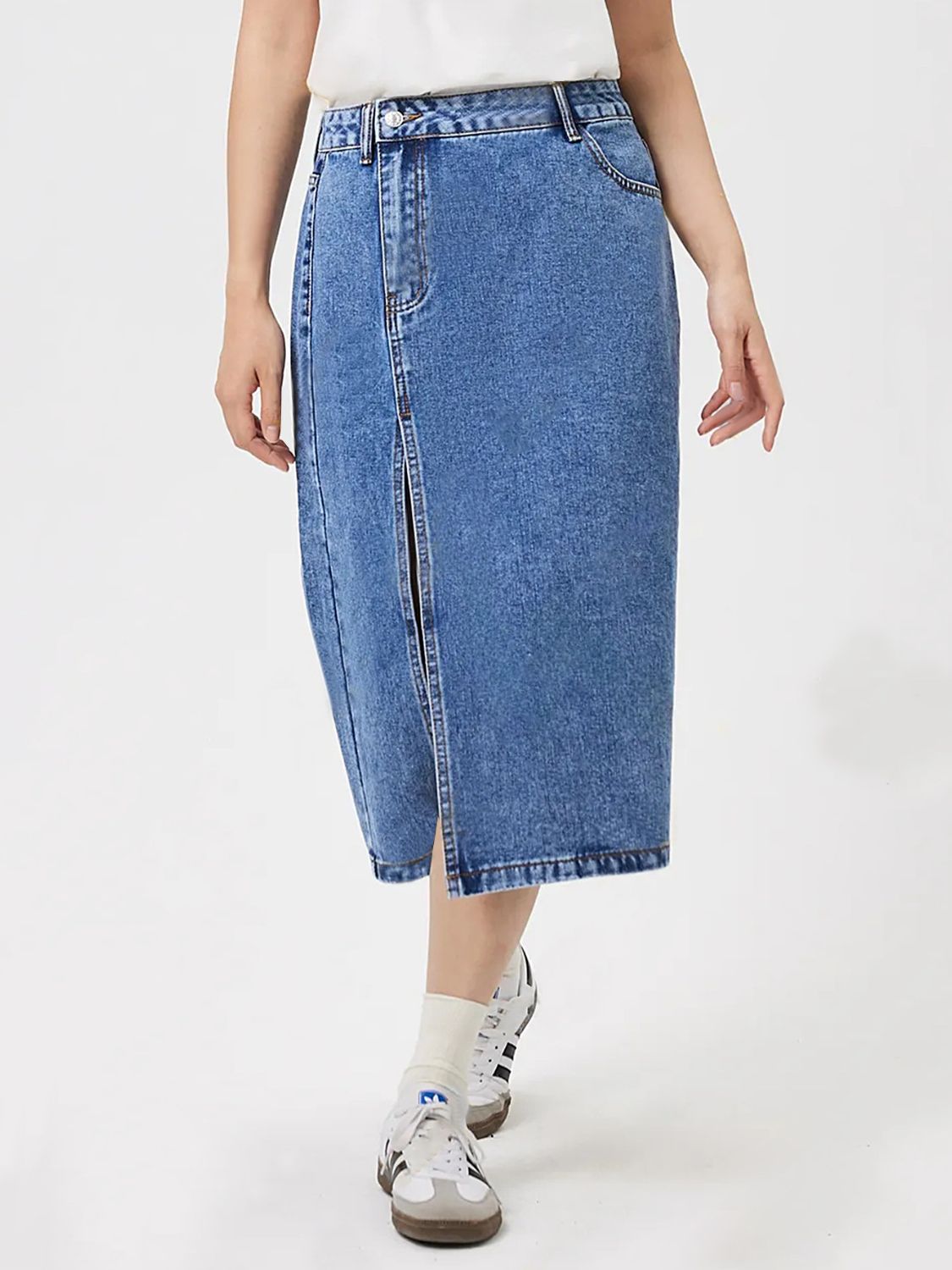 Slit Midi Denim Skirt with Pockets - Little Miss Vanilla