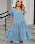 Tiered Round Neck Short Sleeve Denim Dress - Little Miss Vanilla